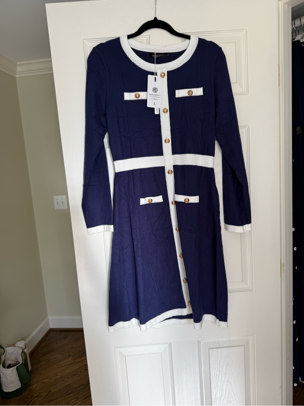 Elegant Navy and White Trim Button-Front Formal Dress